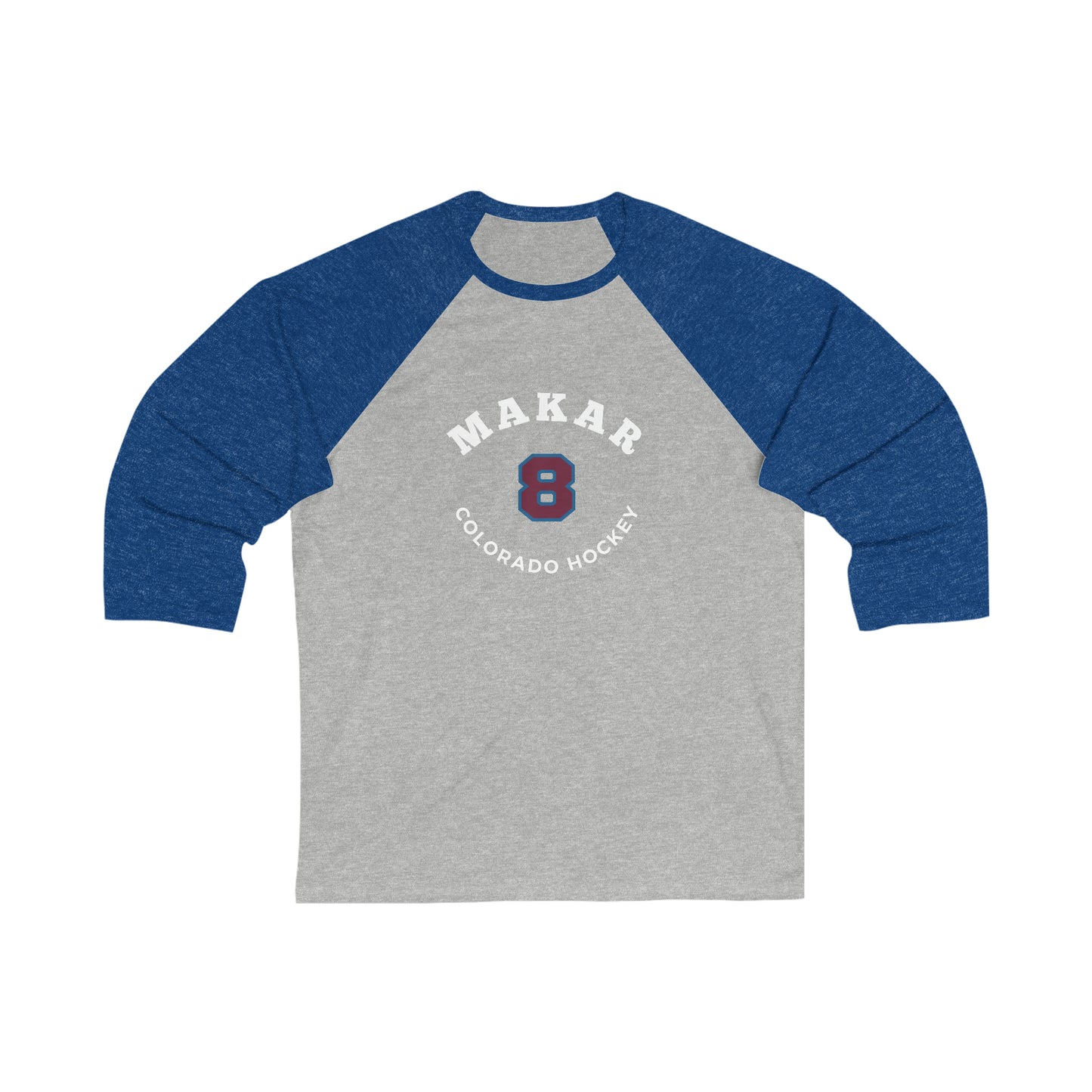 Makar 8 Colorado Hockey Number Arch Design Unisex Tri-Blend 3/4 Sleeve Raglan Baseball Shirt