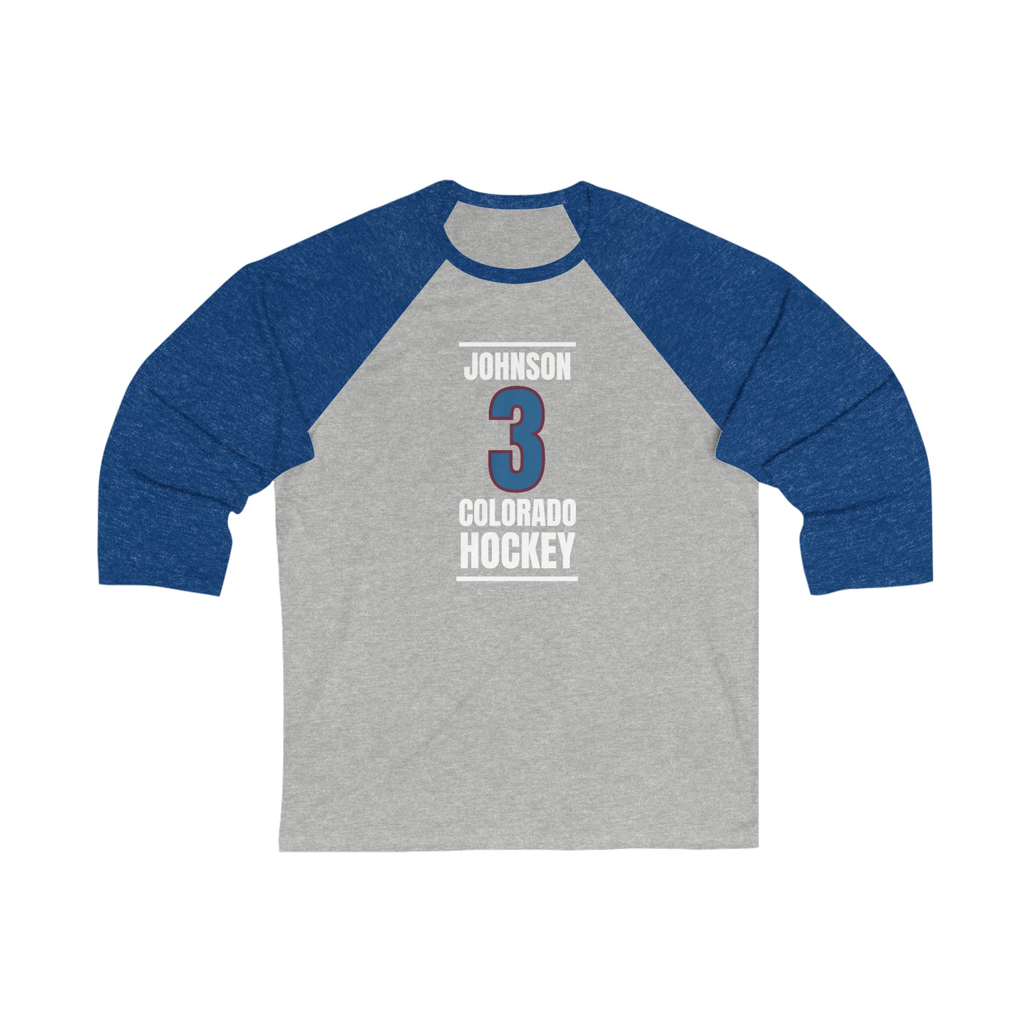 Johnson 3 Colorado Hockey Blue Vertical Design Unisex Tri-Blend 3/4 Sleeve Raglan Baseball Shirt