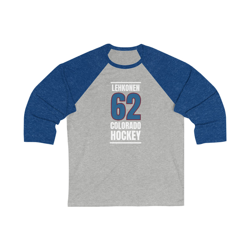 Lehkonen 62 Colorado Hockey Blue Vertical Design Unisex Tri-Blend 3/4 Sleeve Raglan Baseball Shirt