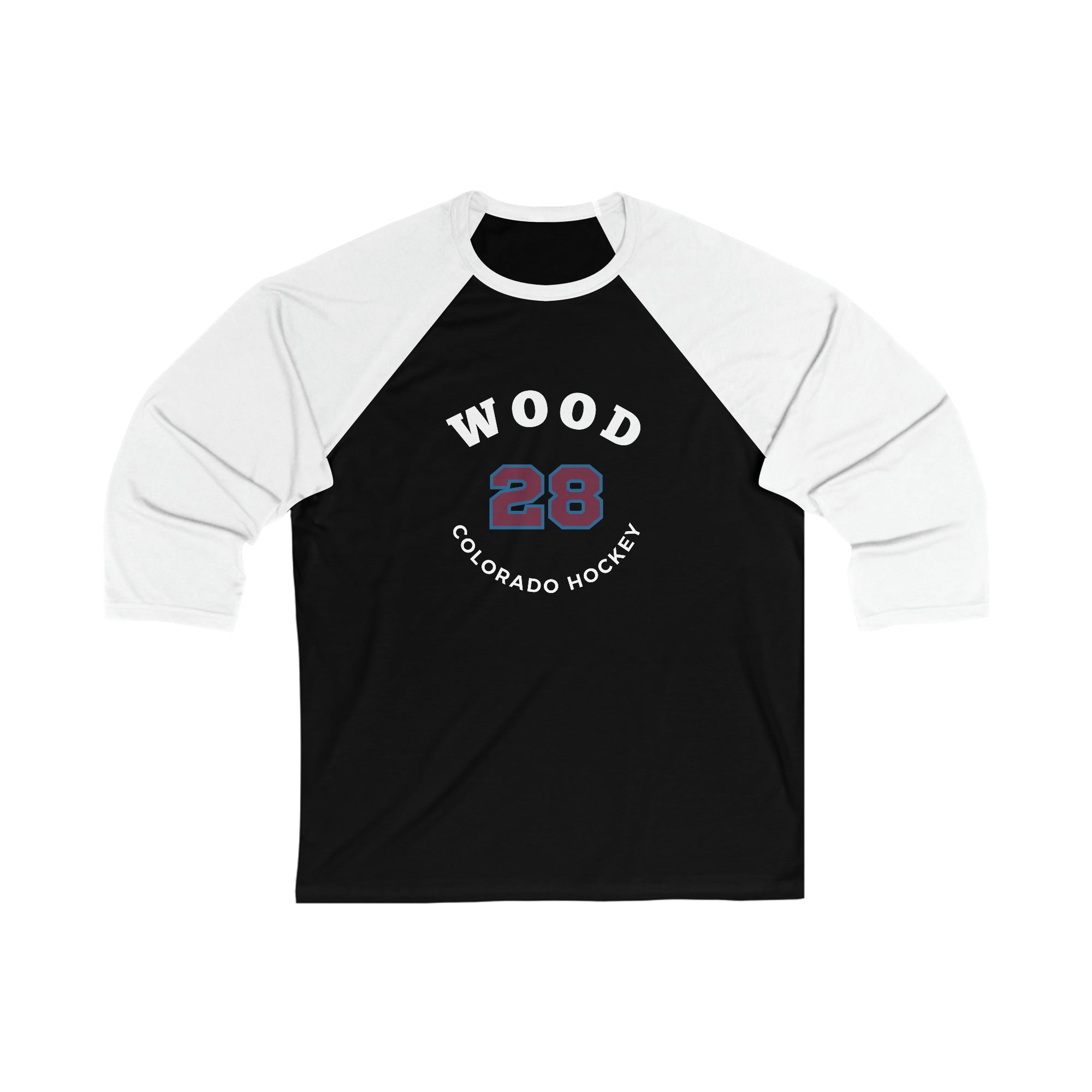 Wood 28 Colorado Hockey Number Arch Design Unisex Tri-Blend 3/4 Sleeve Raglan Baseball Shirt