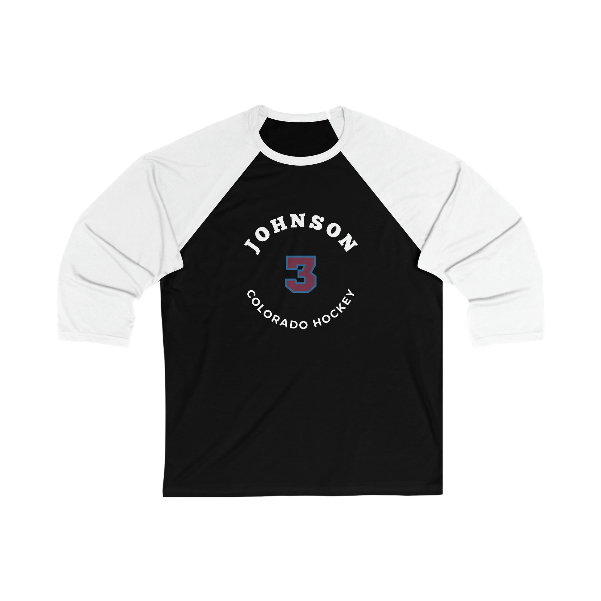 Johnson 3 Colorado Hockey Number Arch Design Unisex Tri-Blend 3/4 Sleeve Raglan Baseball Shirt