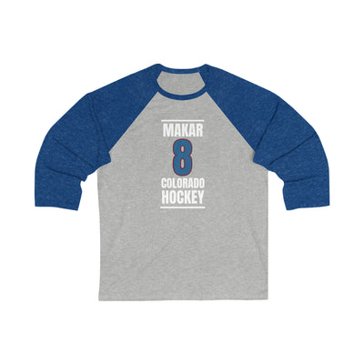 Makar 8 Colorado Hockey Blue Vertical Design Unisex Tri-Blend 3/4 Sleeve Raglan Baseball Shirt