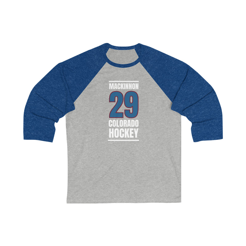 MacKinnon 29 Colorado Hockey Blue Vertical Design Unisex Tri-Blend 3/4 Sleeve Raglan Baseball Shirt