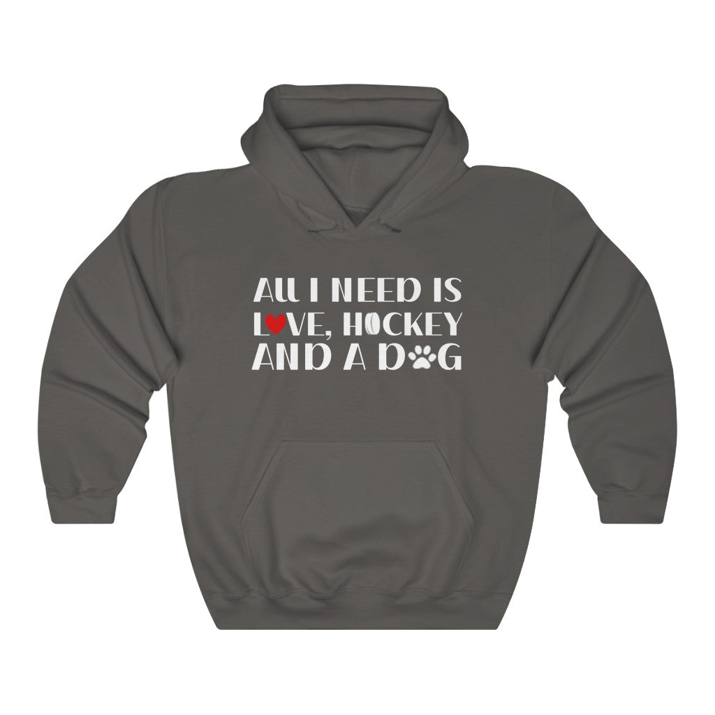 "All I Need Is Love, Hockey And A Dog" Unisex Hooded Sweatshirt